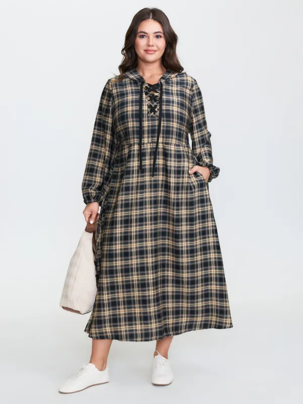 Checkered Pattern Hooded Drawstring Midi Dress sold by Bloomchic