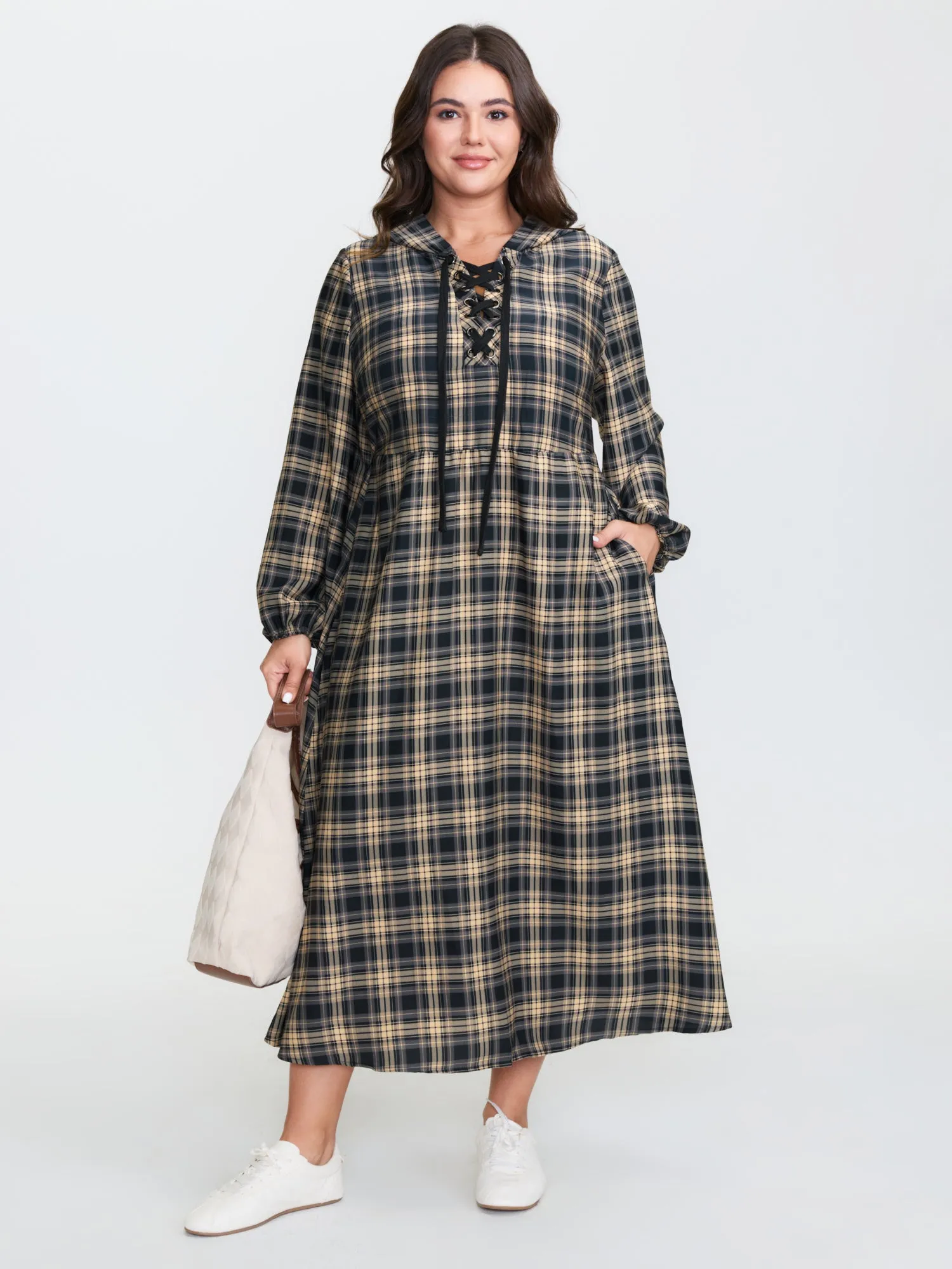 Checkered Pattern Hooded Drawstring Midi Dress sold by Bloomchic
