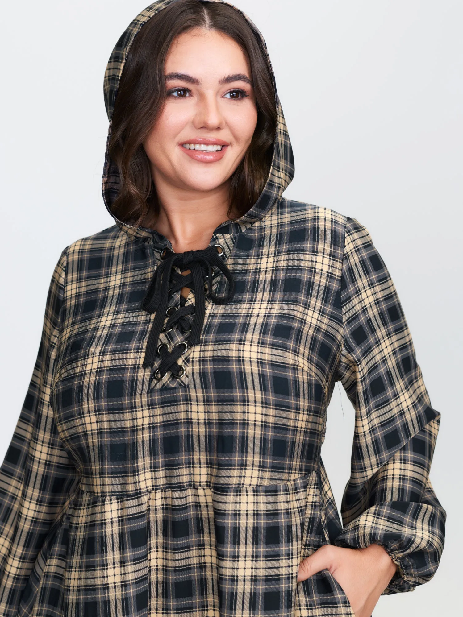 Checkered Pattern Hooded Drawstring Midi Dress sold by Bloomchic product image thumbnail 2