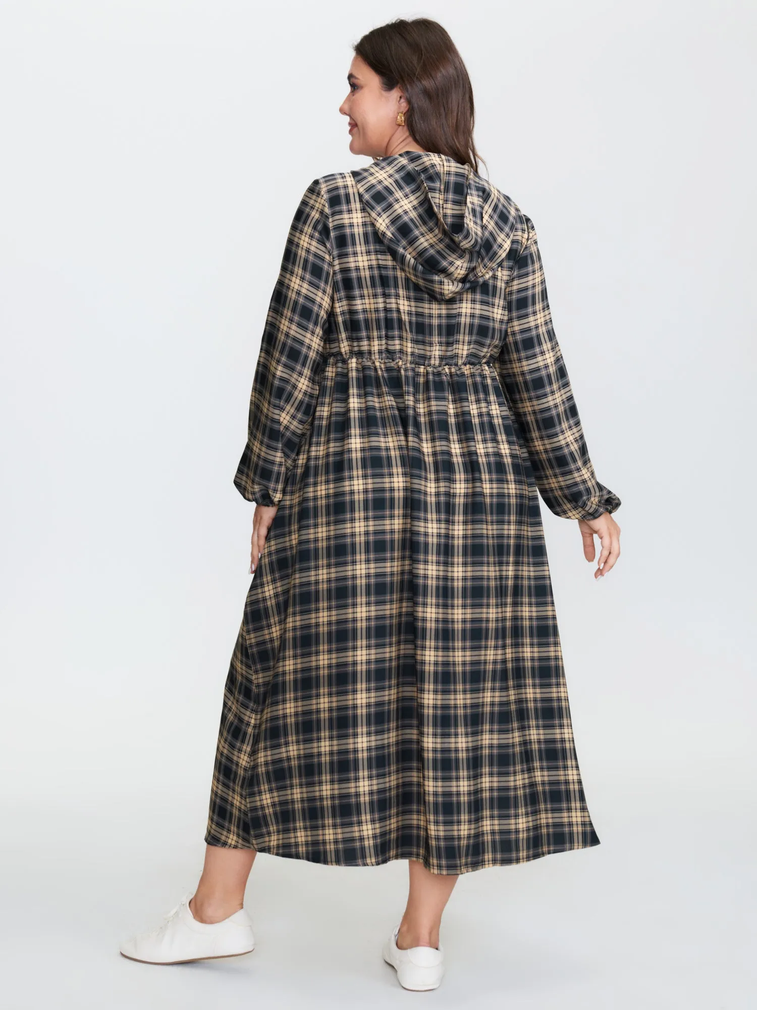 Checkered Pattern Hooded Drawstring Midi Dress sold by Bloomchic product image thumbnail 5