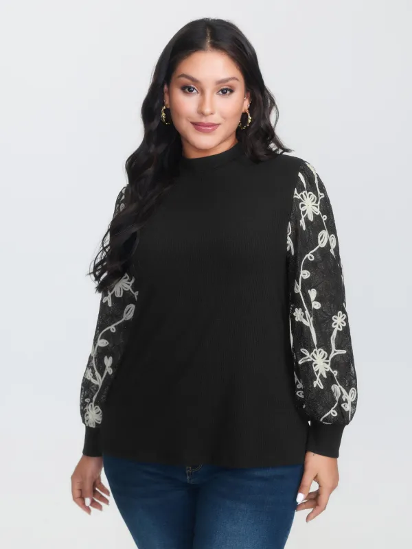 Floral Embroidered Lace Mock Neck Knit Top sold by Bloomchic
