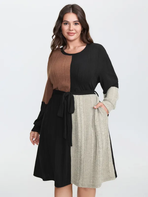 Colorblock Textured Waist-Tie Pockets Midi Dress sold by Bloomchic