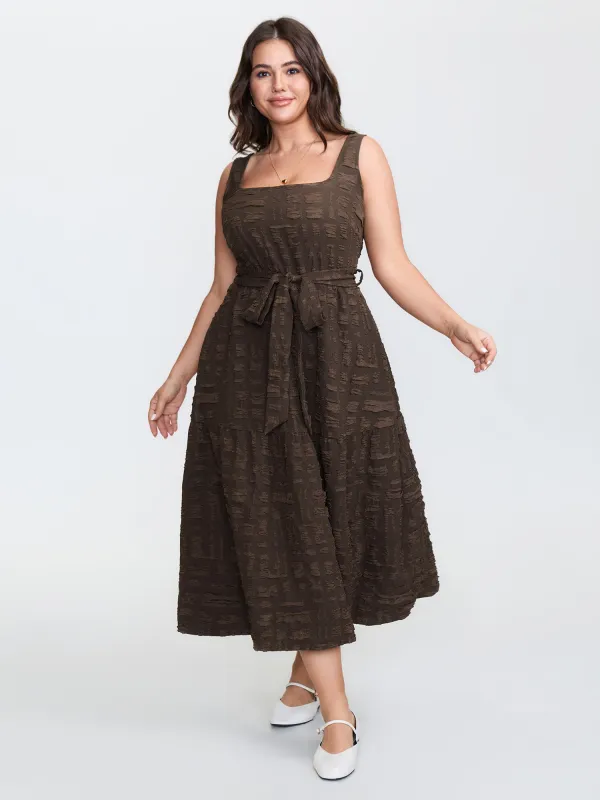 Textured Waist-Tie Square Neck Midi Dress sold by Bloomchic