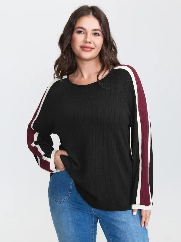 Striped Shoulder Textured Contrast T-Shirt sold by Bloomchic