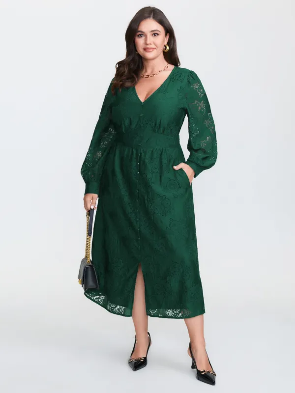 Floral Lace Triangular Cinched-Waist Midi Dress sold by Bloomchic