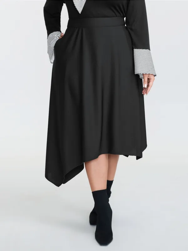 Stretchy Asymmetrical Hem Pocketed Midi Skirt sold by Bloomchic