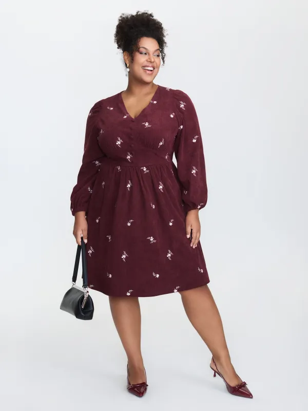 Corduroy Floral Embroidery Cinched-Waist Midi Dress sold by Bloomchic