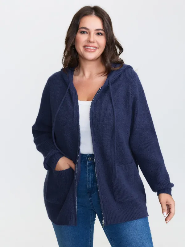 Textured Hooded Pockets Zipper Cardigan sold by Bloomchic
