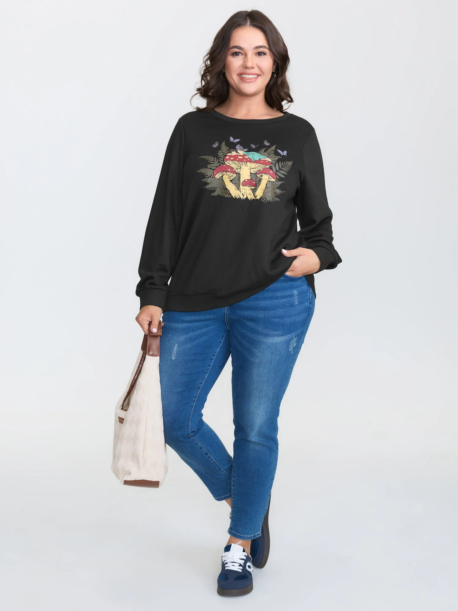 Mushroom Print Stretchy Round Neck Sweatshirt sold by Bloomchic product image thumbnail 3