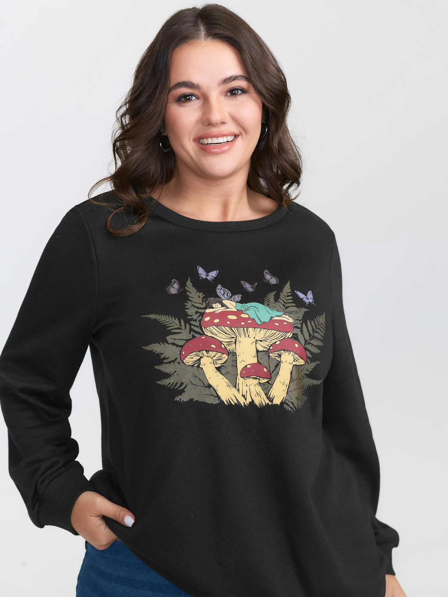Mushroom Print Stretchy Round Neck Sweatshirt sold by Bloomchic product image thumbnail 2