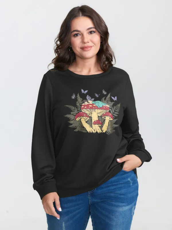 Mushroom Print Stretchy Round Neck Sweatshirt made by Bloomchic