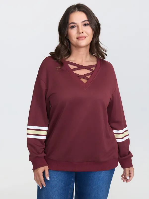 Striped Sleeve Neckline Cut-Out Neckline Sweatshirt sold by Bloomchic