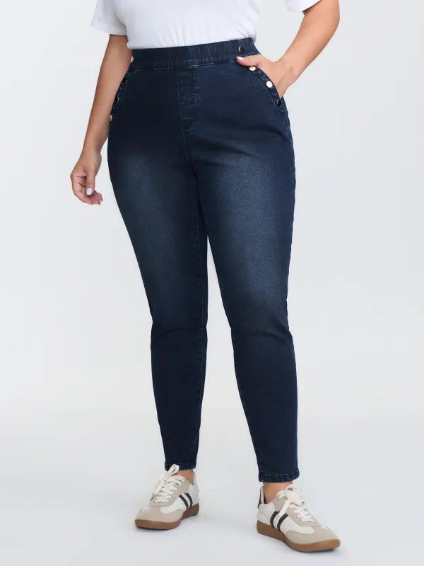 Button-Detail Pull-On Skinny-Fit Jeans sold by Bloomchic