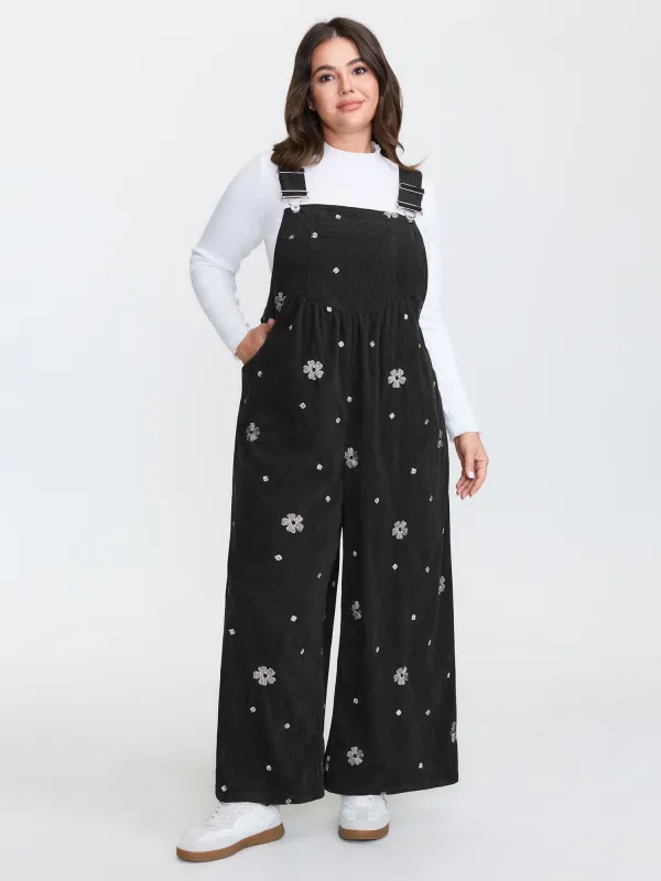 Corduroy Floral Embroidered Overall Jumpsuit sold by Bloomchic