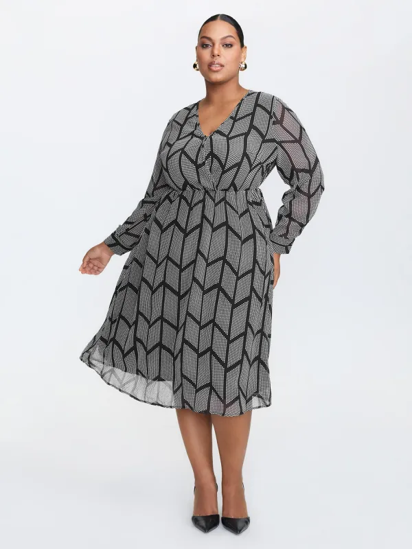 Monochrome Geometric Pattern Surplice Midi Dress sold by Bloomchic