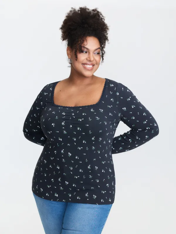 Floral Print Lace Trim Neckline T-Shirt sold by Bloomchic