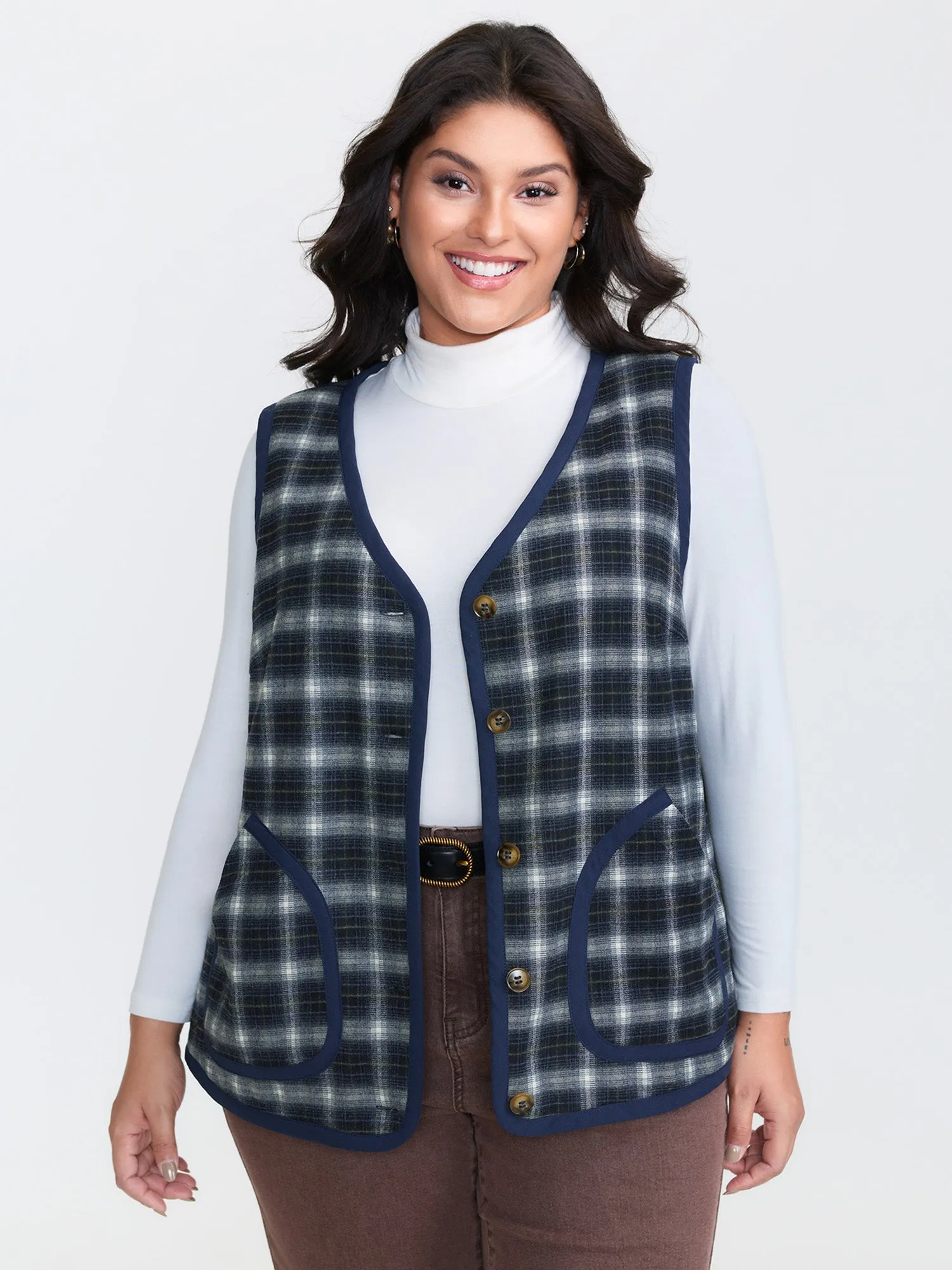 Fleece Checkered Pattern Button-Down Vest sold by Bloomchic