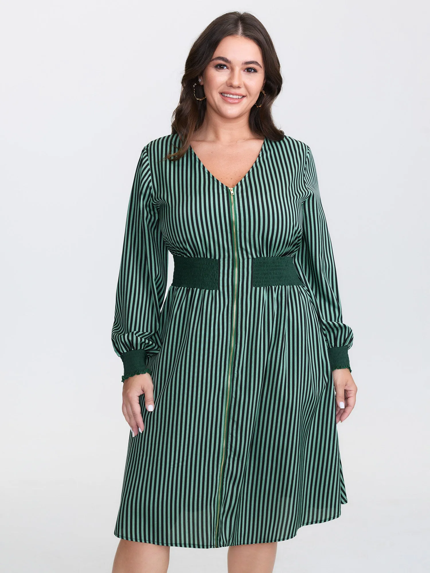 Striped Shirred Waist Zipper-Front Midi Dress sold by Bloomchic