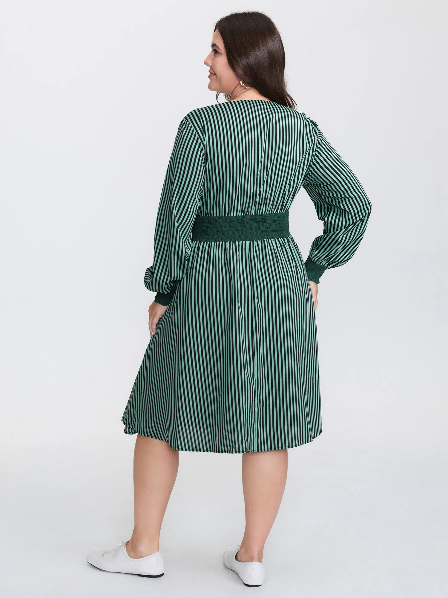 Striped Shirred Waist Zipper-Front Midi Dress sold by Bloomchic product image thumbnail 5