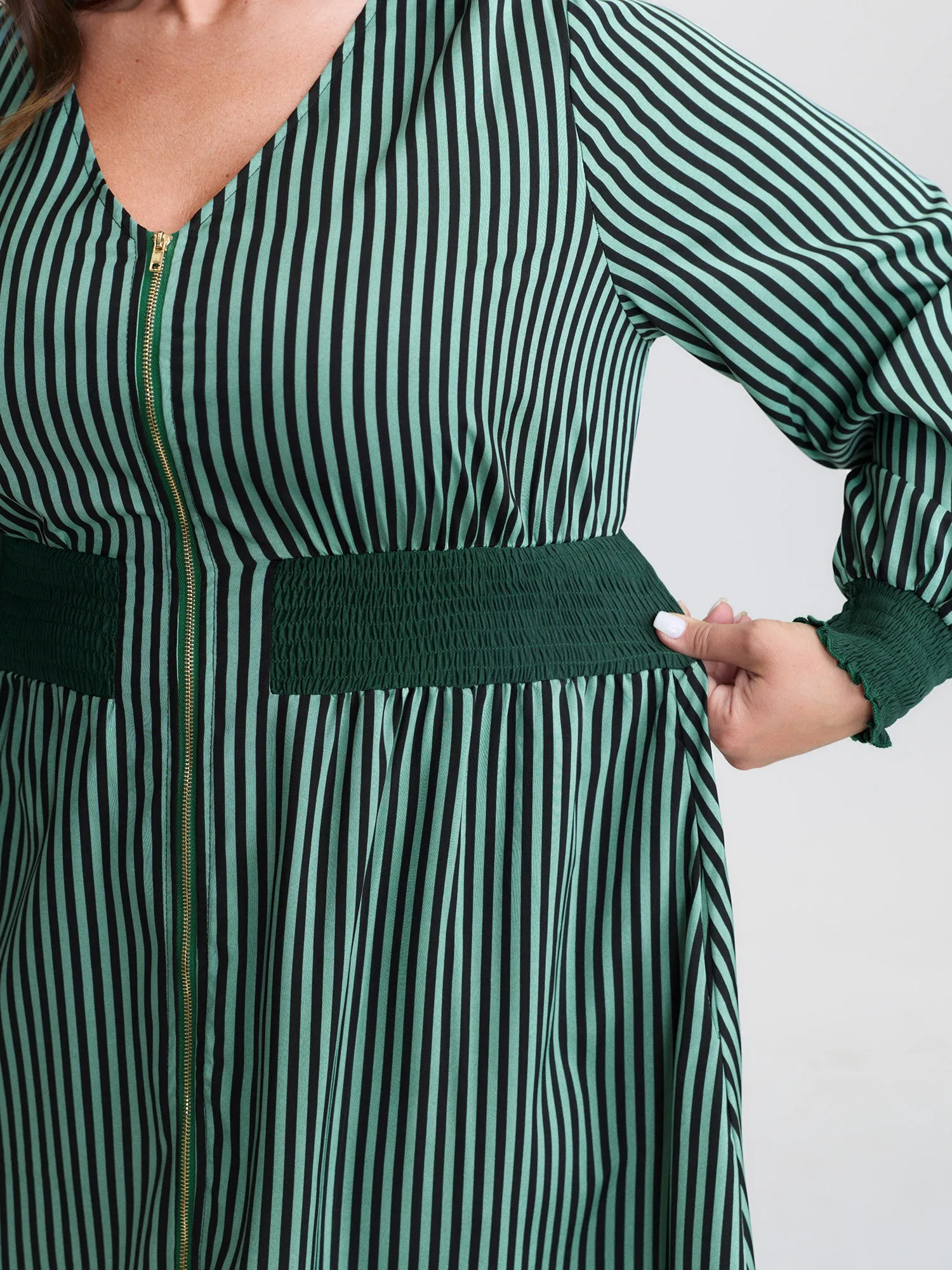 Striped Shirred Waist Zipper-Front Midi Dress sold by Bloomchic product image thumbnail 3