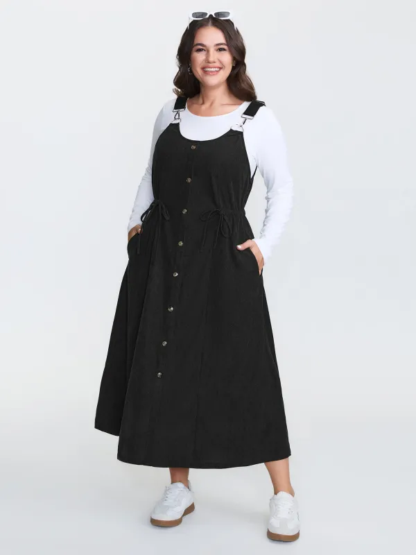 Corduroy Drawstring Waist Pockets Midi Dress sold by Bloomchic