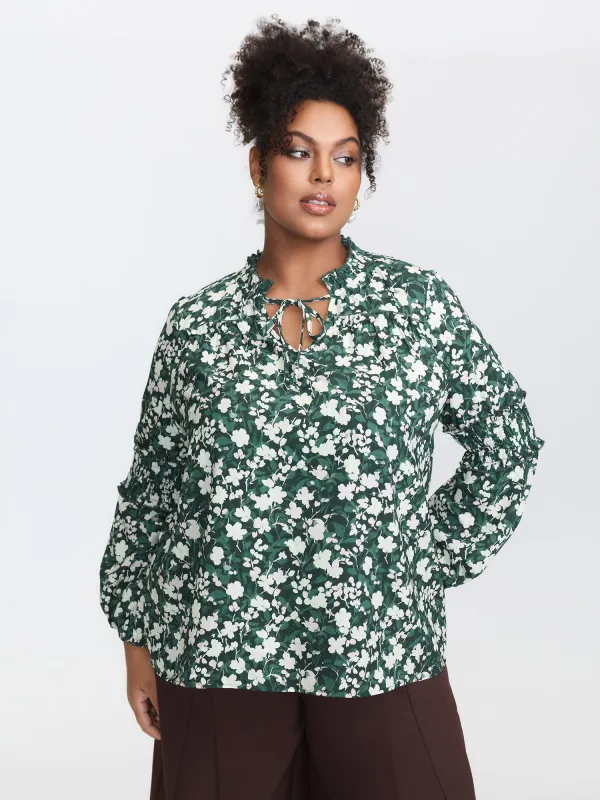 Floral Shirred Sleeve Drawstring Neckline Blouse sold by Bloomchic