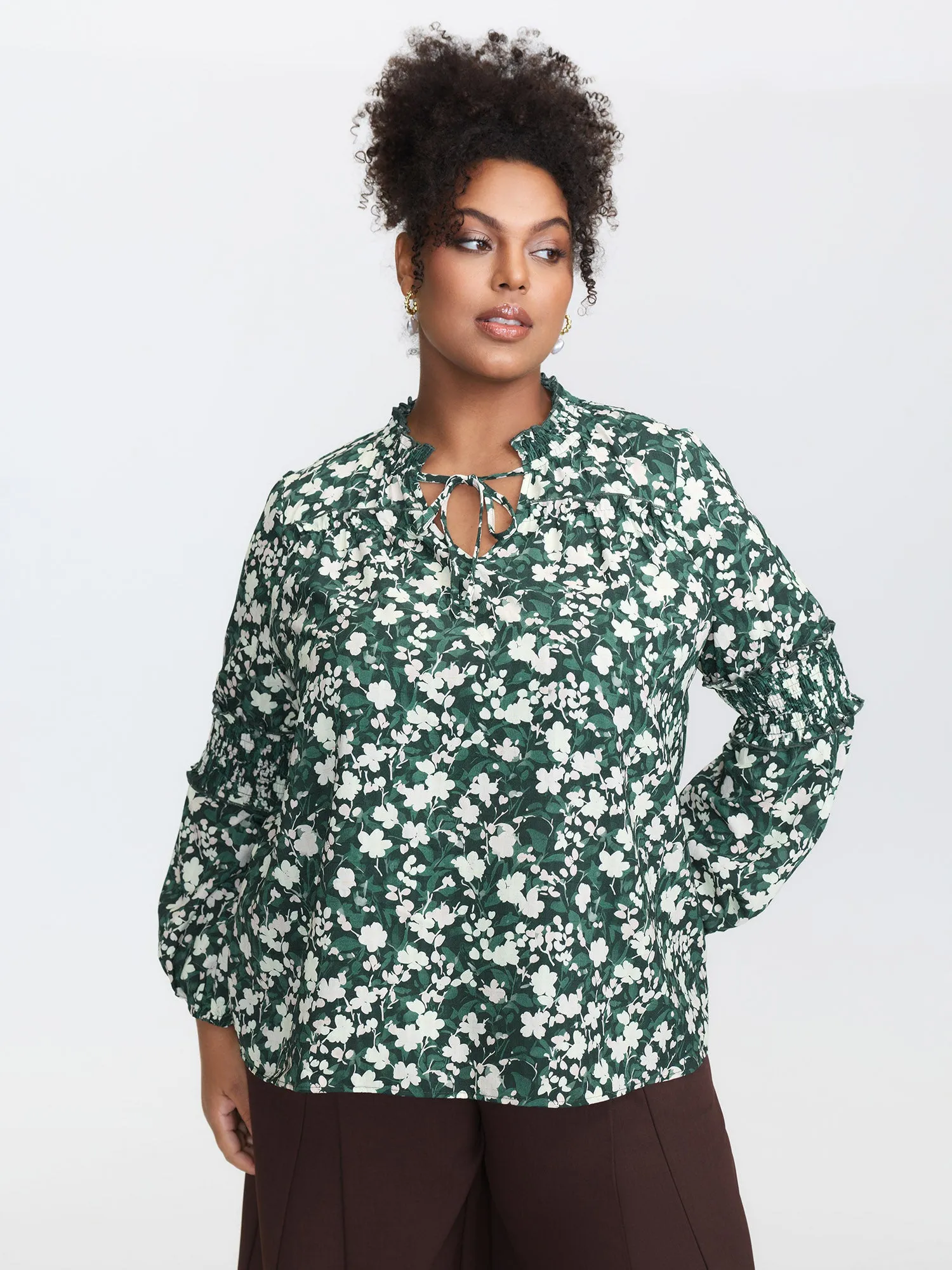 Floral Shirred Sleeve Drawstring Neckline Blouse sold by Bloomchic