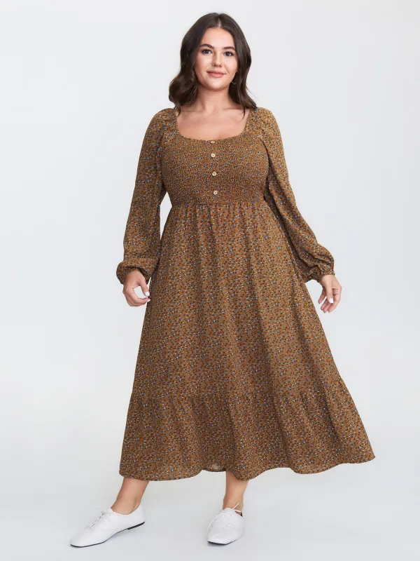 Micro Floral Print Shirred Pattern Midi Dress sold by Bloomchic