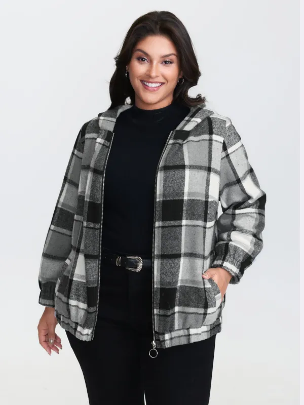 Checkered Pattern Lined Faux Fur Zipper Hoodie sold by Bloomchic