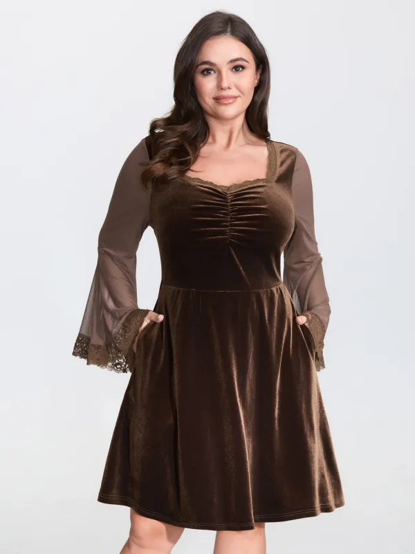 Velvet Ruched Sheer Lace Sleeve Midi Dress sold by Bloomchic