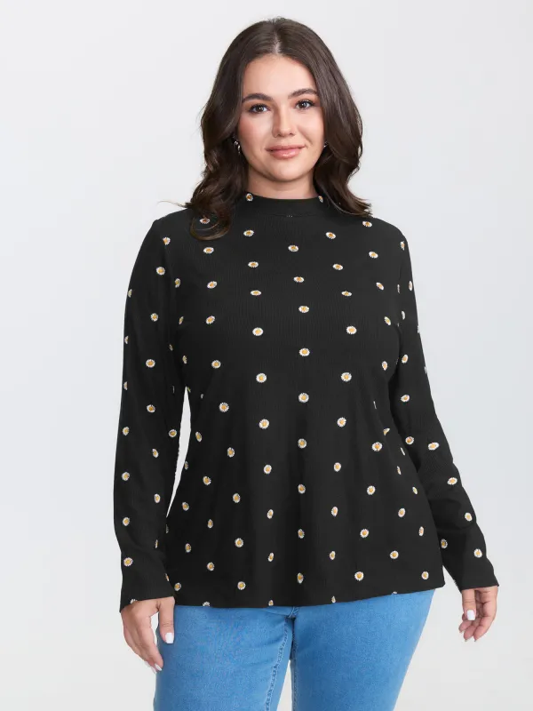 Supersoft Floral Embroidered Mock Neck T-Shirt sold by Bloomchic