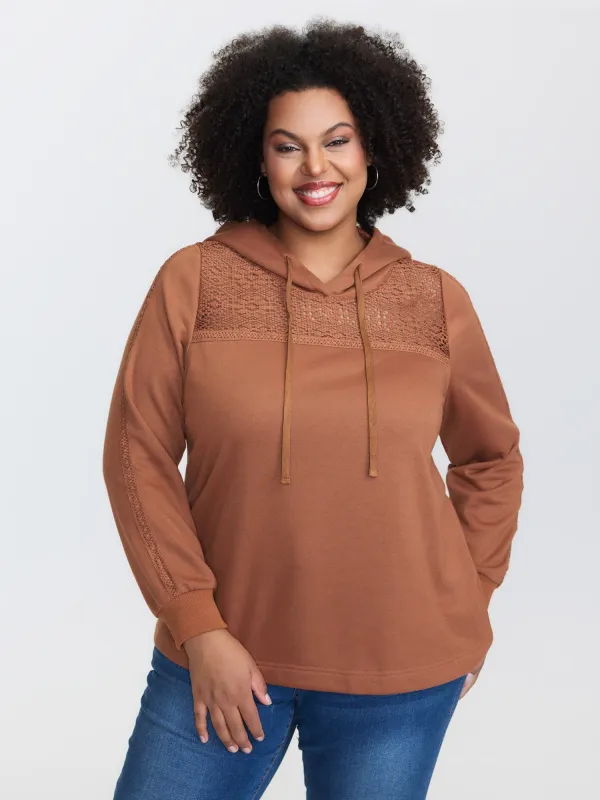 Lace Cut-Out Neckline Hoodie sold by Bloomchic