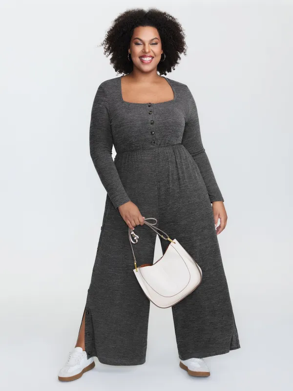 Stretchy Button Placket Wide-Leg Jumpsuit sold by Bloomchic