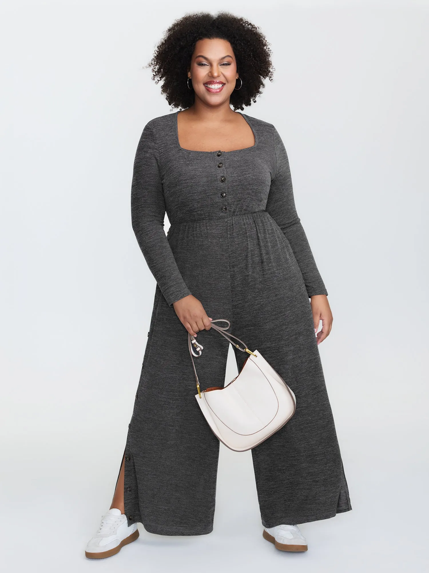 Stretchy Button Placket Wide-Leg Jumpsuit sold by Bloomchic