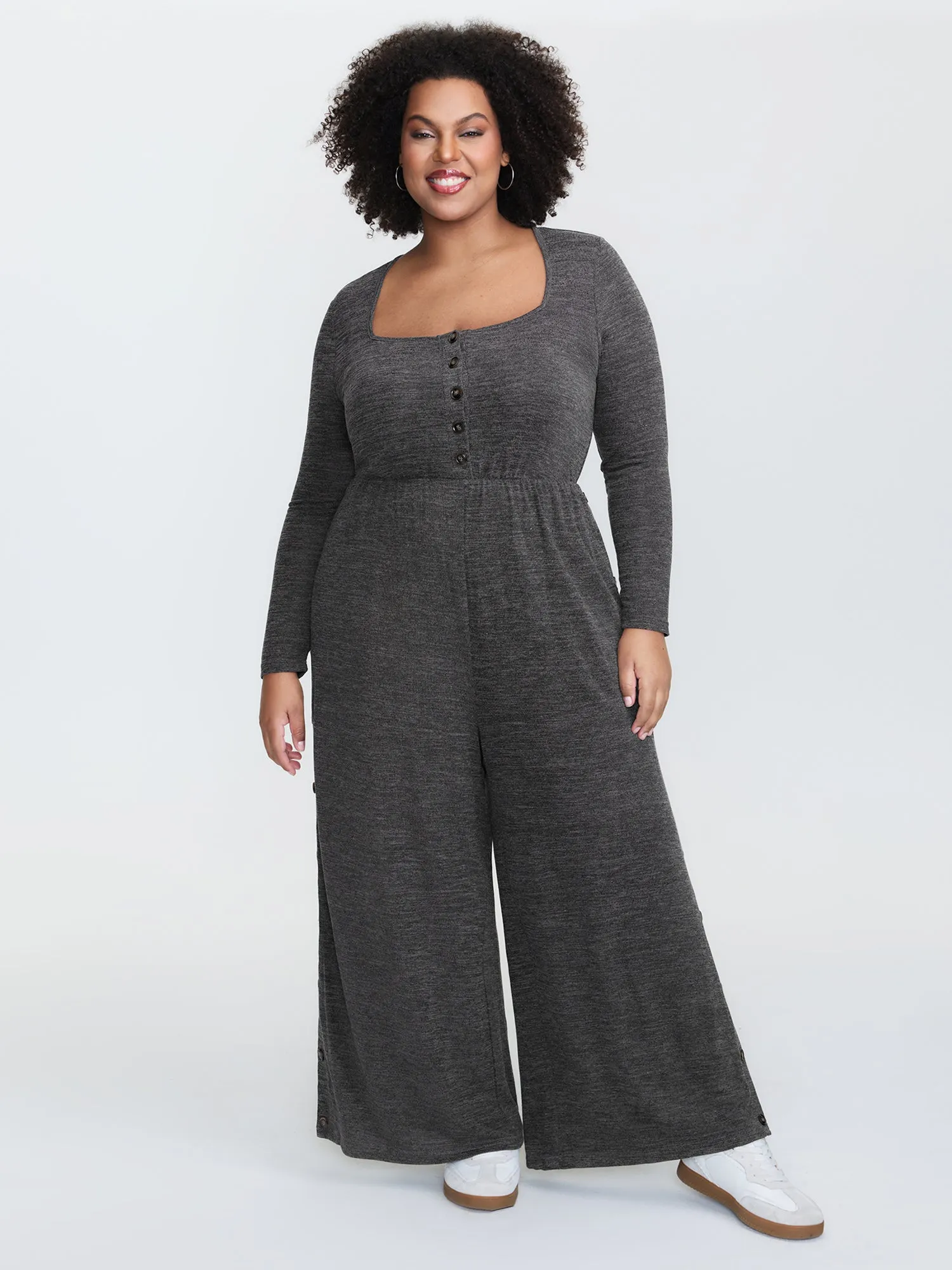 Stretchy Button Placket Wide-Leg Jumpsuit sold by Bloomchic product image thumbnail 3