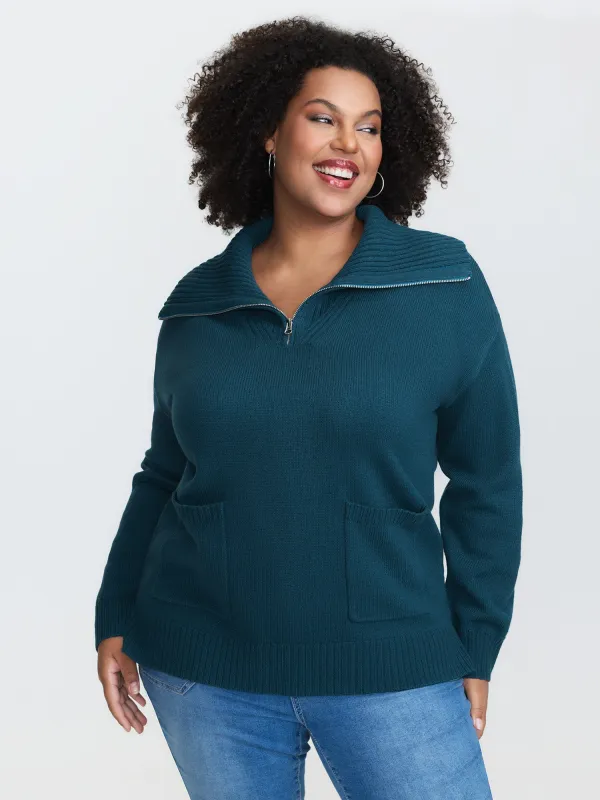 Stretchy Half-Zipper Pockets Collared Pullover sold by Bloomchic