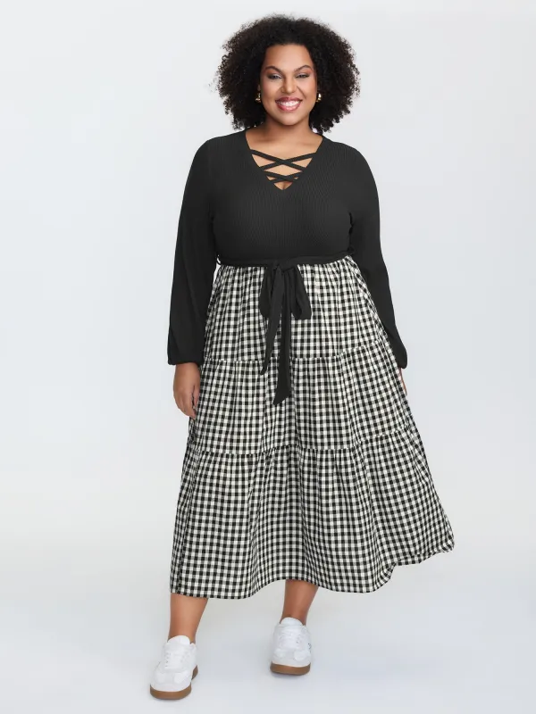 Checkered Print Color Contrast Waist-Tie Midi Dress sold by Bloomchic