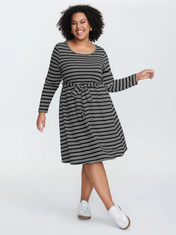 Ribbed Striped Pockets Belted Midi Dress sold by Bloomchic