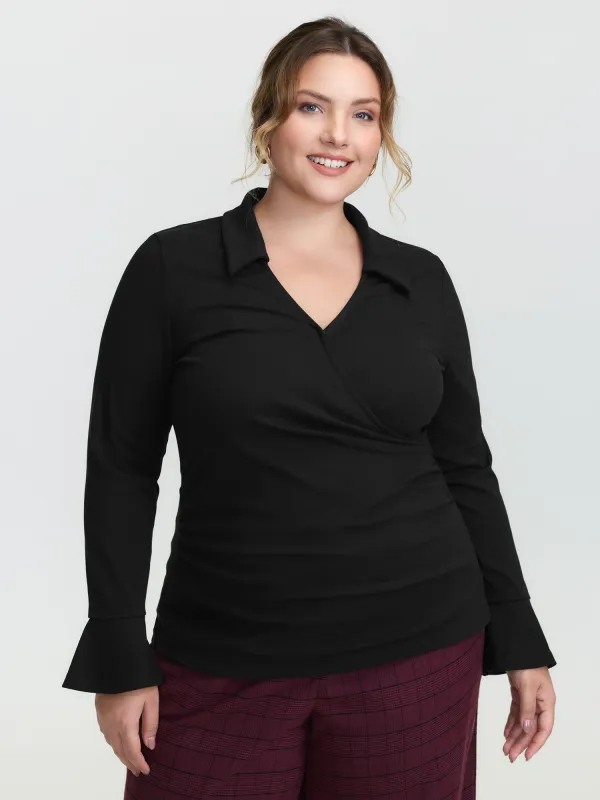 Overlap Collar Flared Sleeve Plain Knit Top sold by Bloomchic