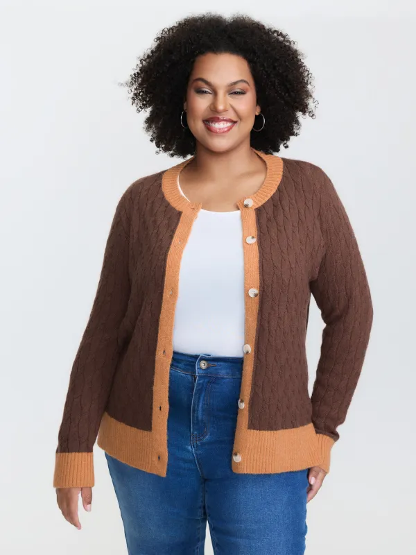 Braided Color Contrast Button Knit Cardigan sold by Bloomchic