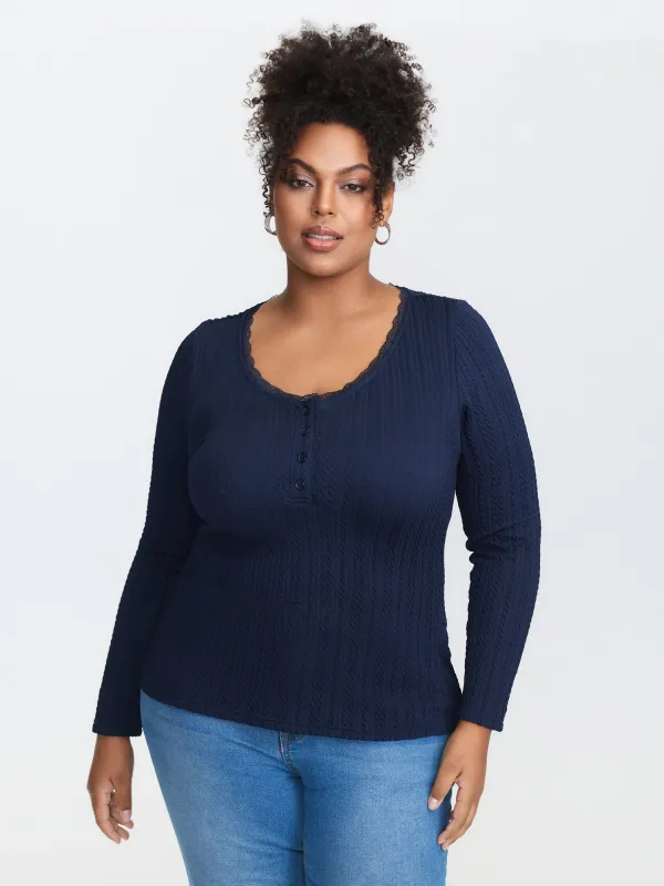 Lace Trim Ribbed V-Neck T-Shirt sold by Bloomchic