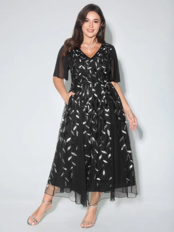 Leafy Print Sheer Sleeve V-Neck Midi Dress sold by Bloomchic