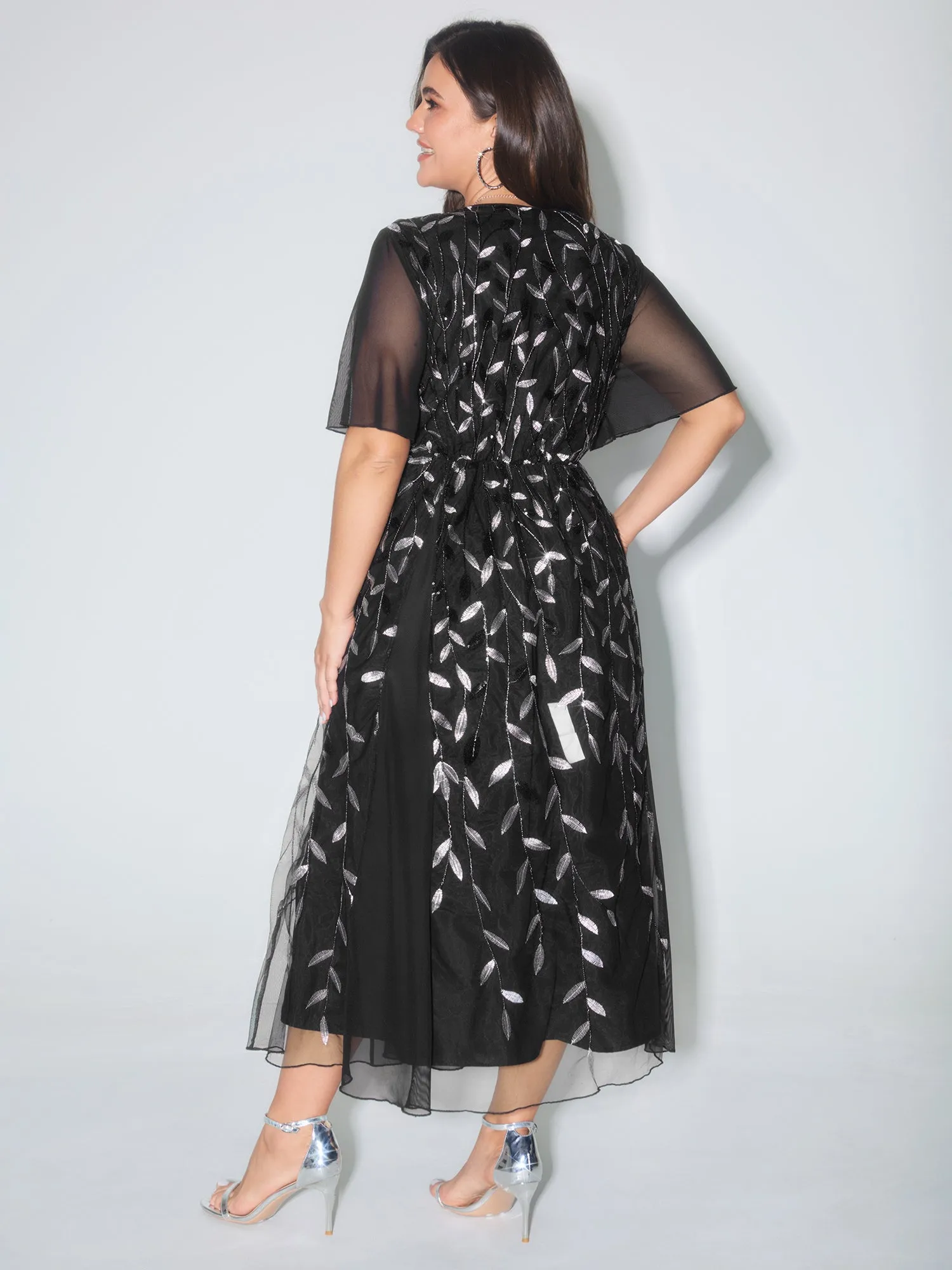 Leafy Print Sheer Sleeve V-Neck Midi Dress sold by Bloomchic product image thumbnail 4