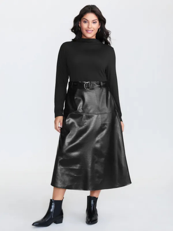 PU Leather Mock Neck Belted Midi Dress sold by Bloomchic
