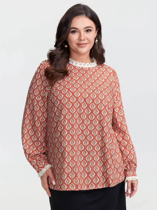 Retro Geometric Floral Print Round Neck Blouse sold by Bloomchic