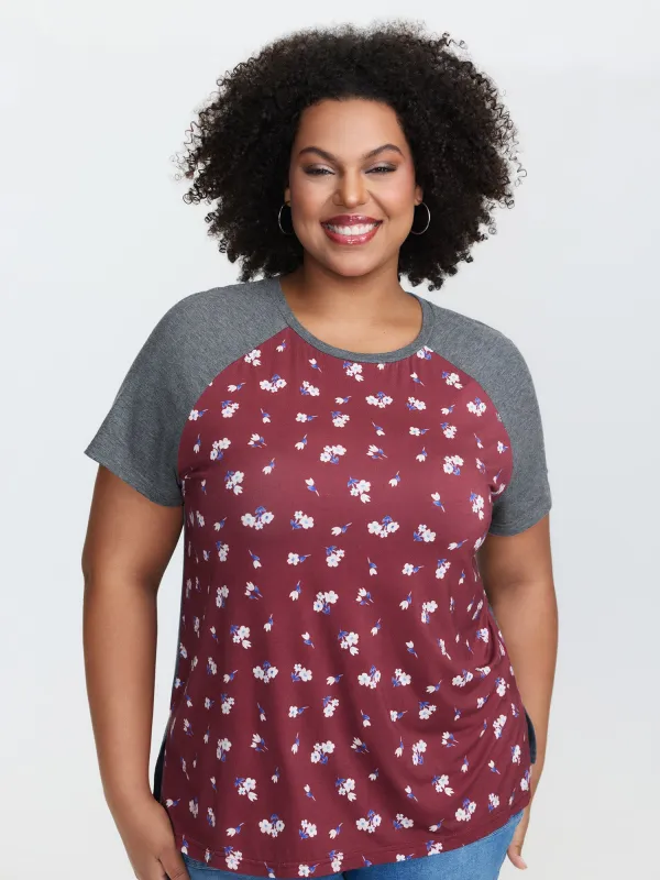 Floral Pattern Stretchy Split Hem T-Shirt sold by Bloomchic