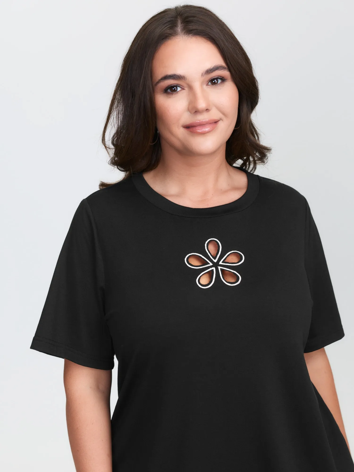 Floral Cut-Out Motif Plain T-Shirt sold by Bloomchic