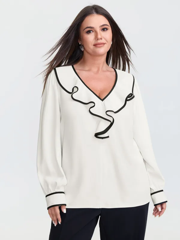 Ruffled Collar Color Contrast Blouse sold by Bloomchic