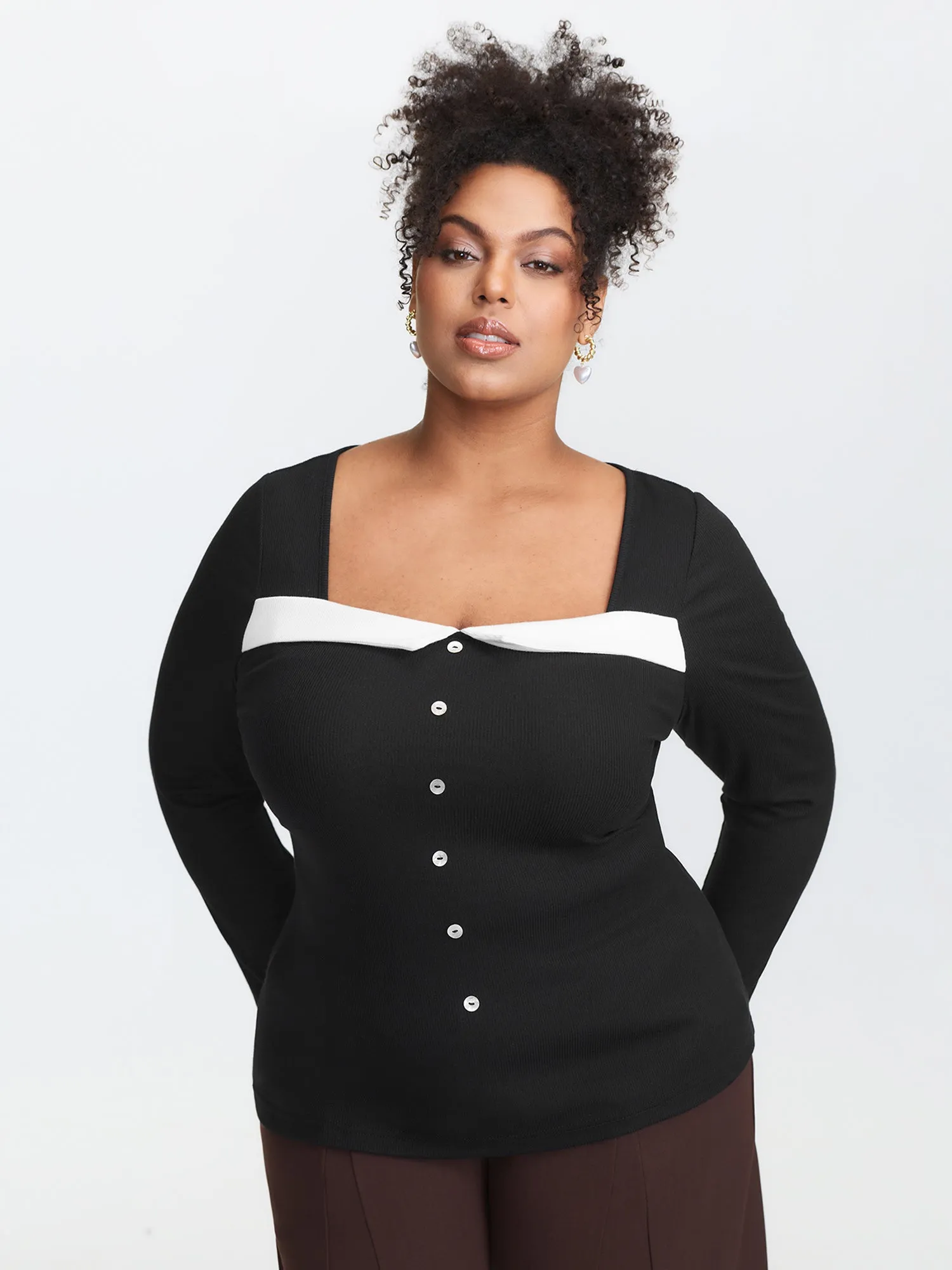 Ribbed Button Front Color Contrast Knit Top sold by Bloomchic