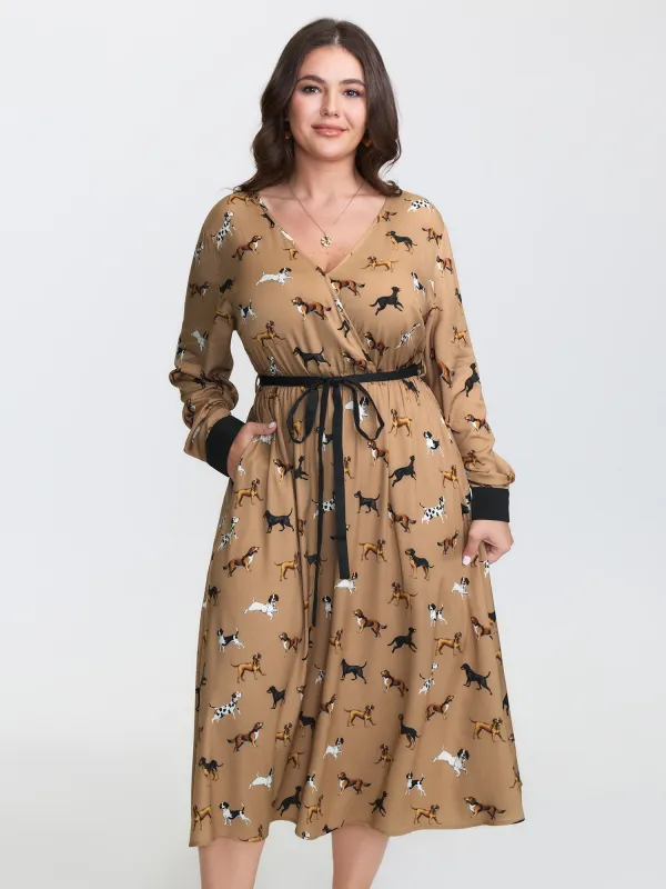Puppy Print Waist-Tie Color Contrast Midi Dress sold by Bloomchic